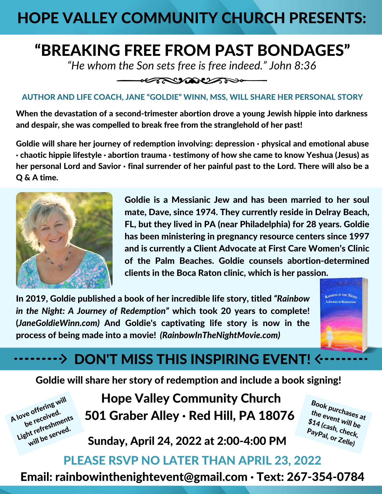 Goldie at Hope valley Community Church Speaking and Book Signing Event 4.24.22 https://janegoldiewinn.com/wp-content/uploads/2022/02/Goldie-at-Hope-Valley-Community-Church-event-flyer-4.24.22.pdf