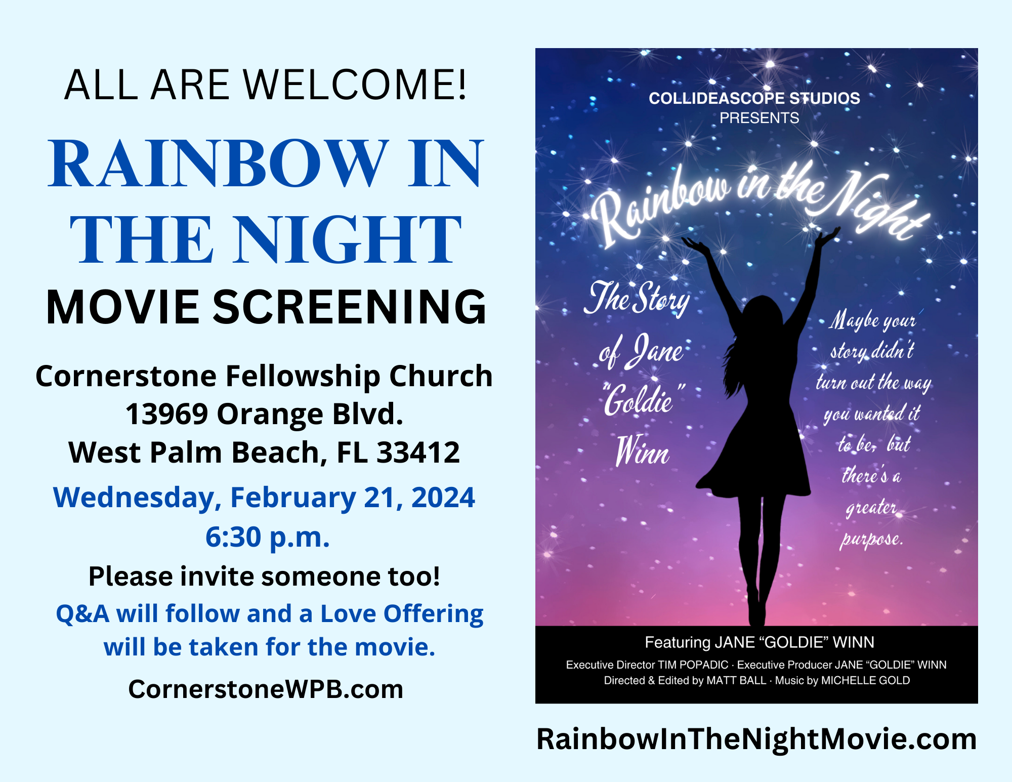 Rainbow in the Night Movie Screening Cornerstone Fellowship Church West Palm Beach FL